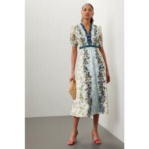 SALONI Blue White Floral Tabitha Feather Papyrus 100% Silk Midi Dress Size US 0